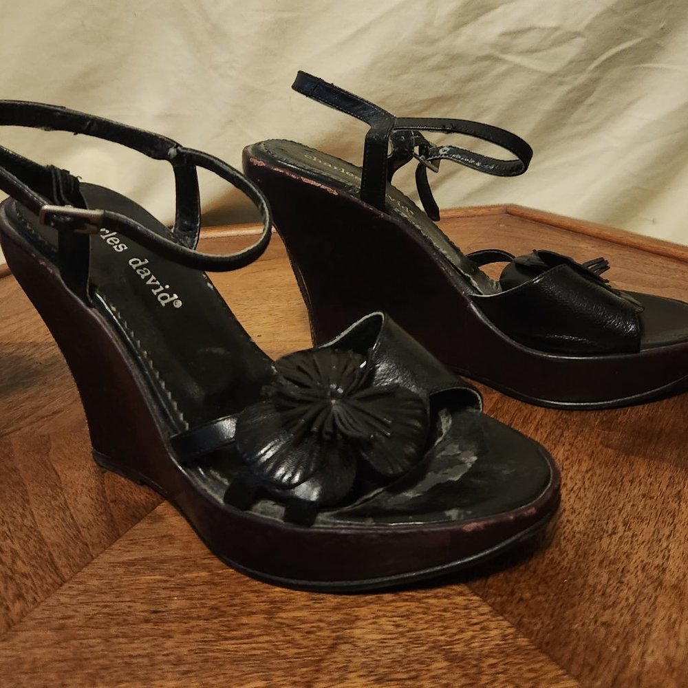 Black wedge platform sandals with flower detail Size 6